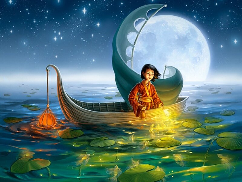 Child in a Boat — Blue, Serene