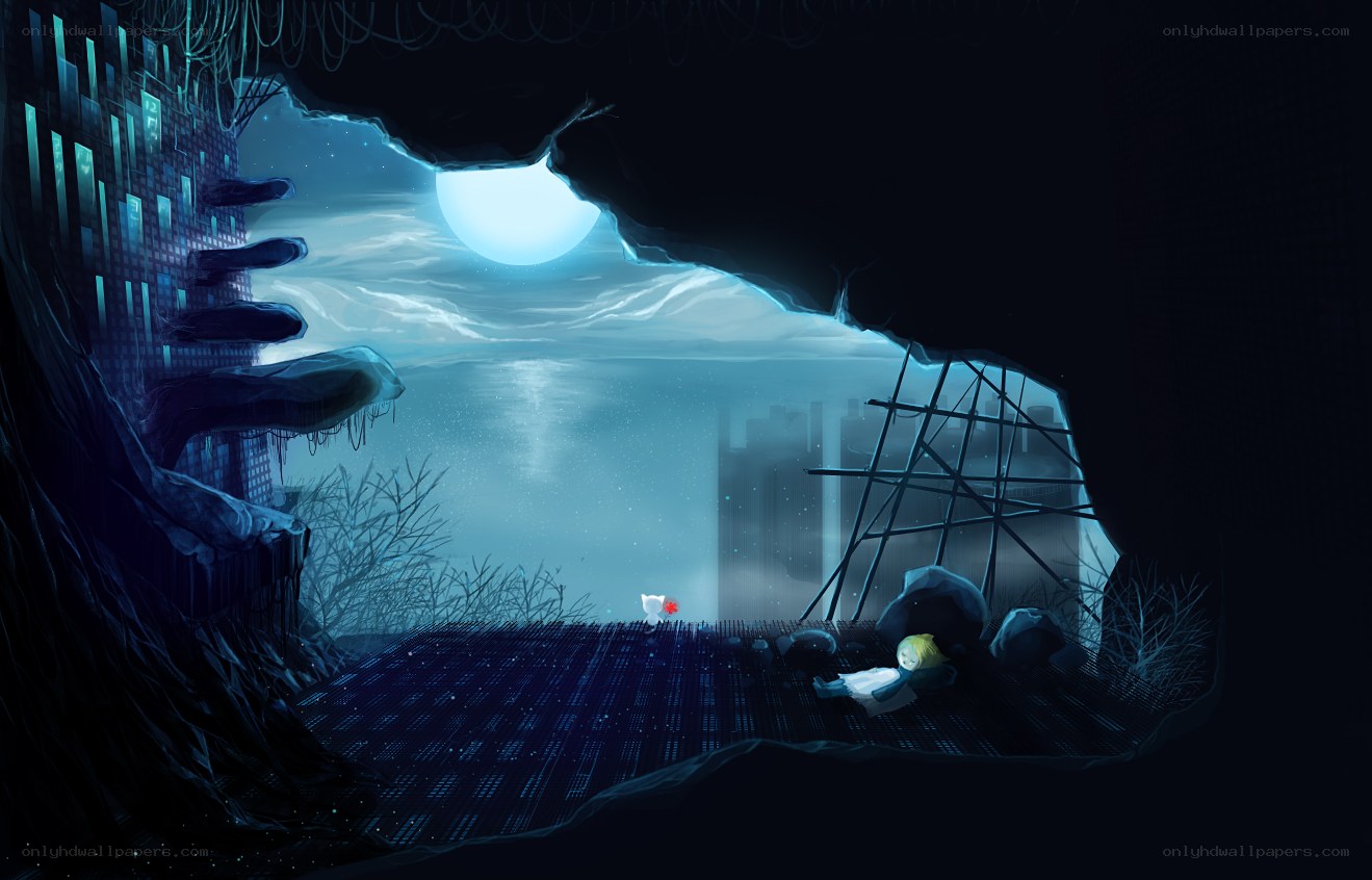 Child in a cave at night