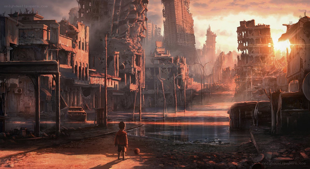 Child in a ruined city