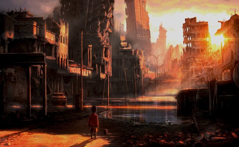Child in a ruined city