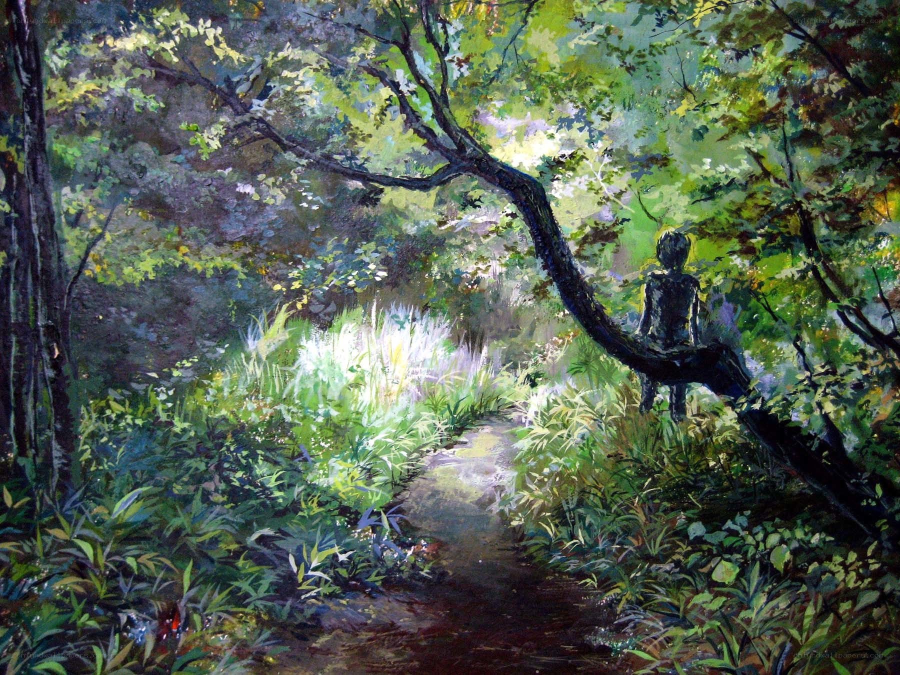 Child in a sunlit forest
