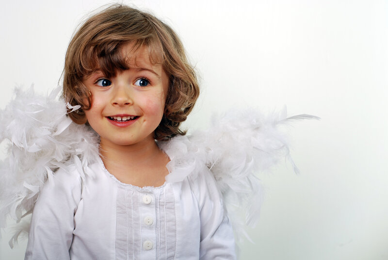 Child in Angel Costume — White, Happy
