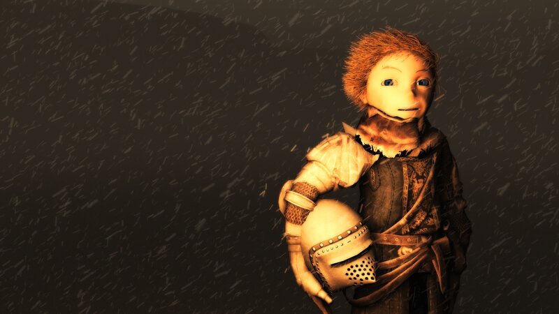 Child in Armor Holding Helmet