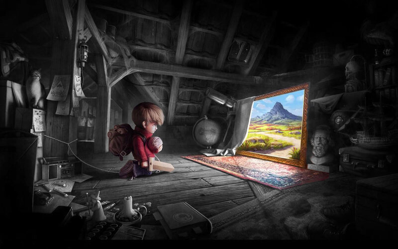 child in attic with painting