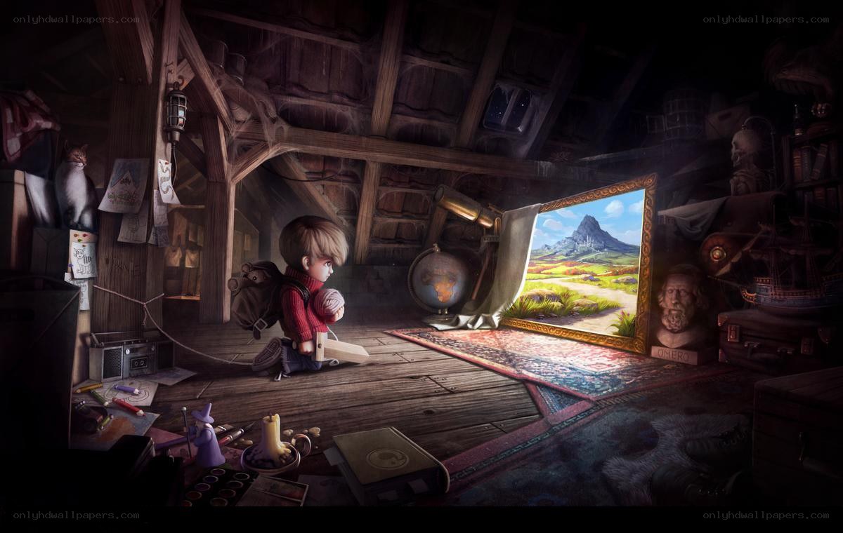 child in attic with painting