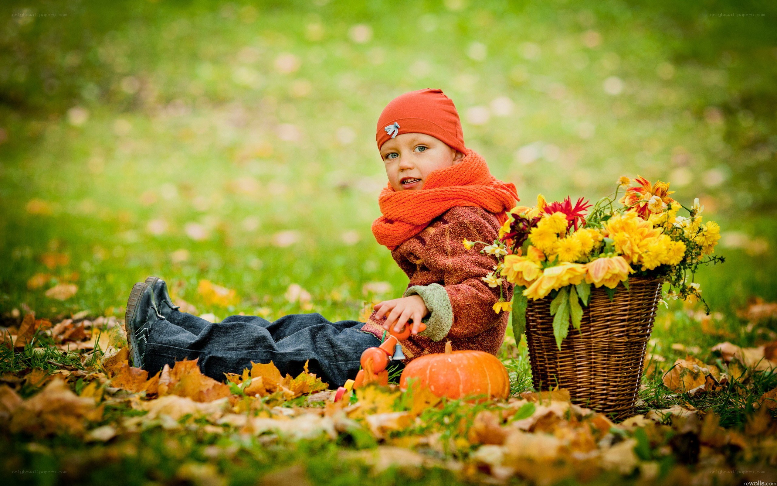 child in autumn with pumpkins