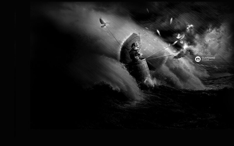 Child in barrel on stormy sea