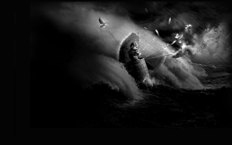 Child in barrel on stormy sea