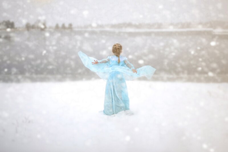 Child in Blue Dress — Serene, Winter, Photograph, Snow