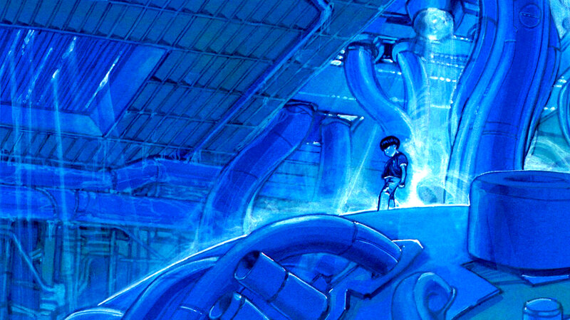 child in blue mechanical room