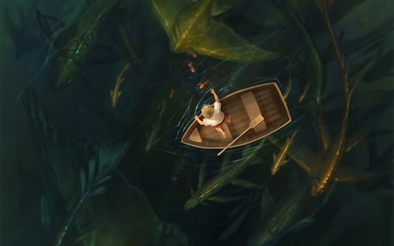 child in boat surrounded by fish