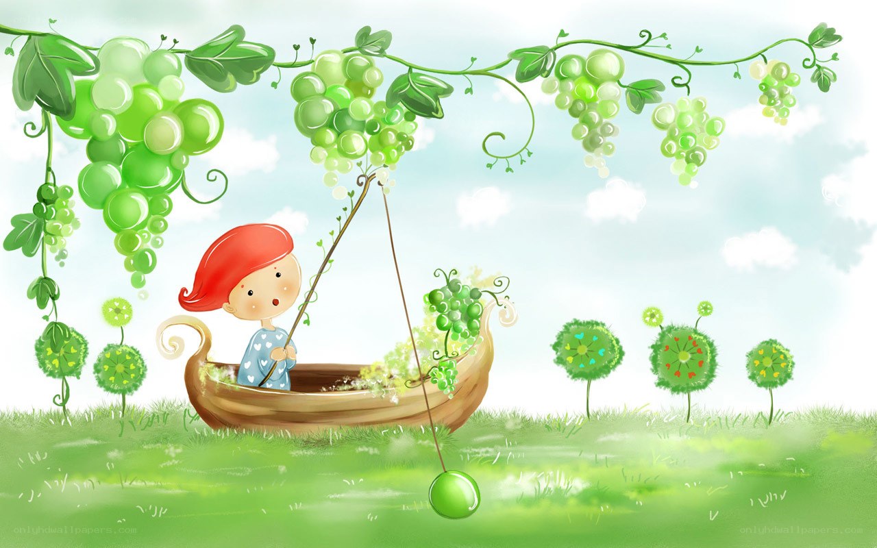 child in boat under grapes