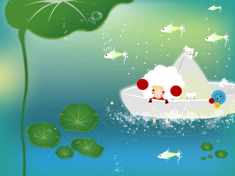 child in boat with cats and fish