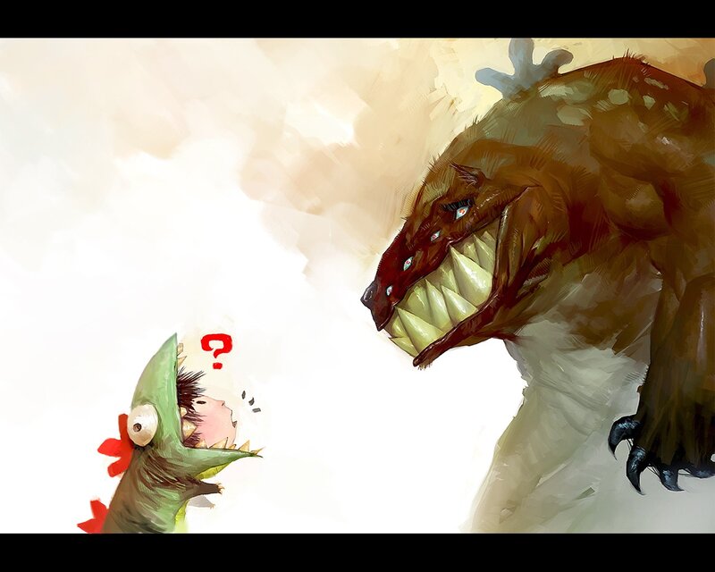 Child in dinosaur costume meets monster