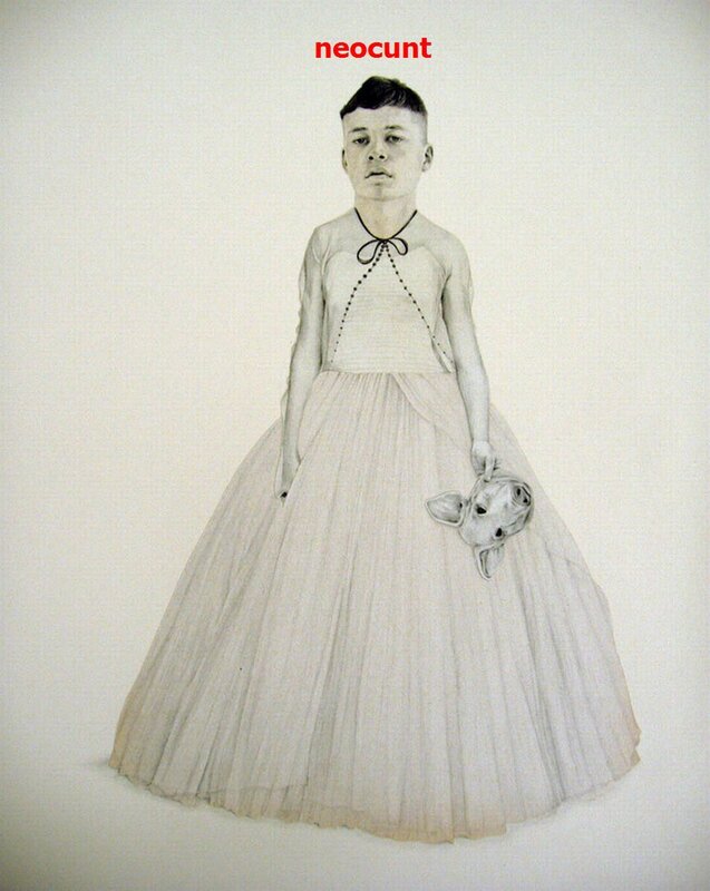 child in dress holding pig head
