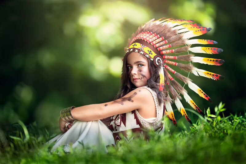 Child in Feather Headdress — Green