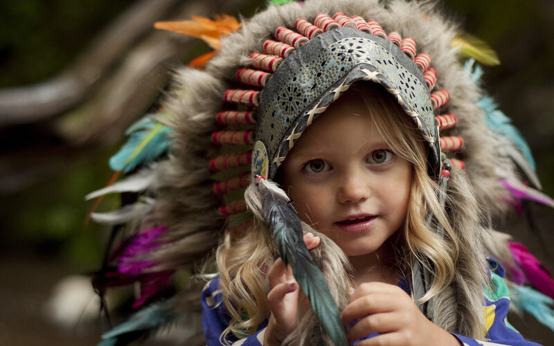 Child in Feathered Headdress — Gray