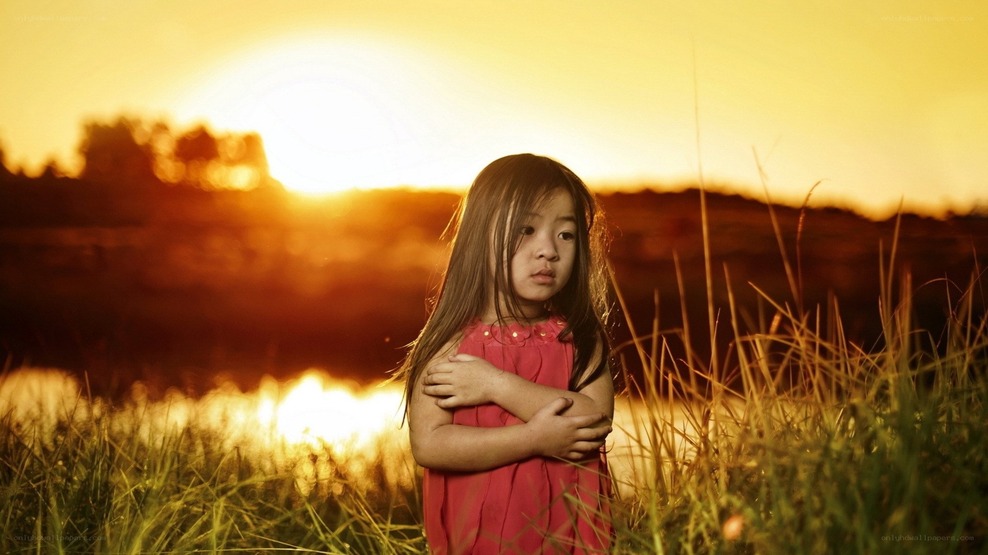 child in field at sunset