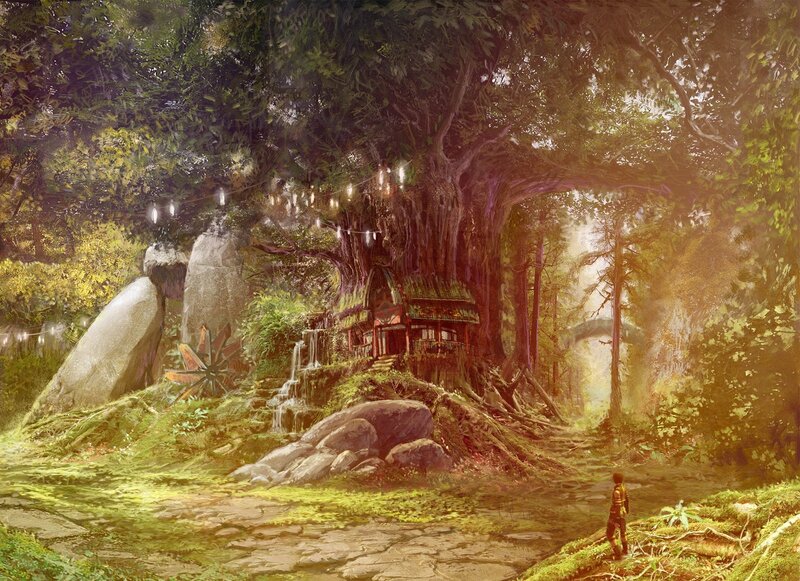 Child in Forest — Green, Serene, Afternoon, Digital Art, Treehouse, Waterfall, Lamps