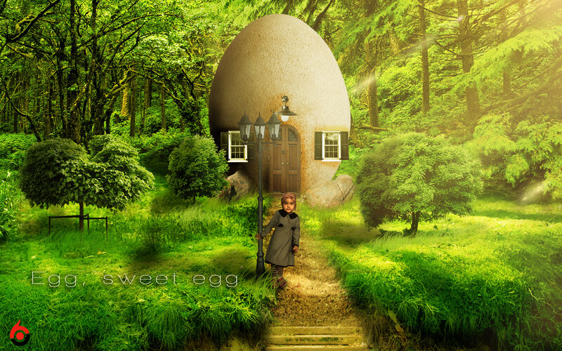 Child in Forest — Green, Serene, Morning, Digital Art, Egg House