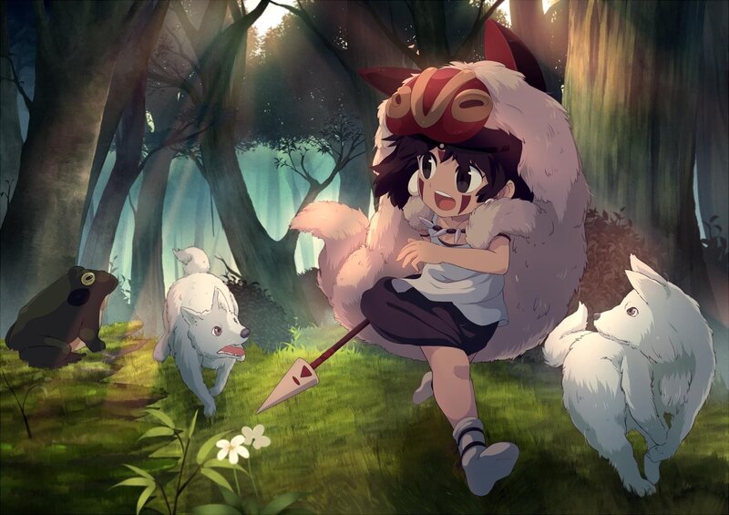 Child in forest with animal companions