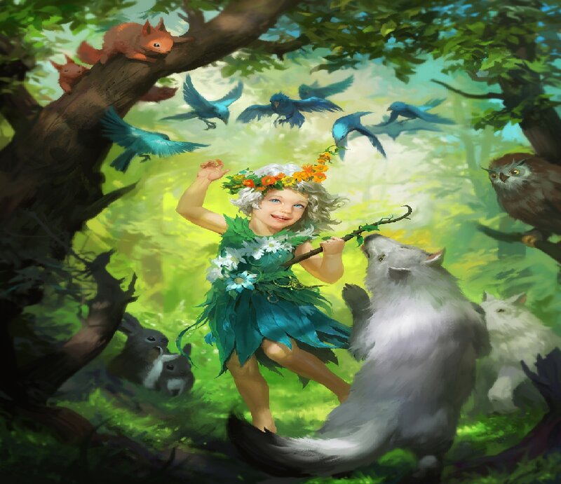 Child in Forest with Animals
