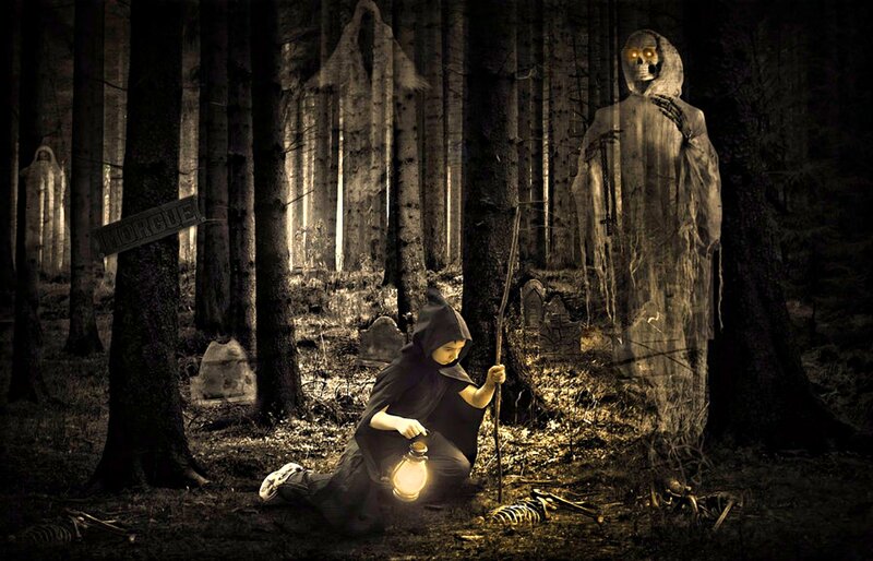 Child in Forest with Lantern