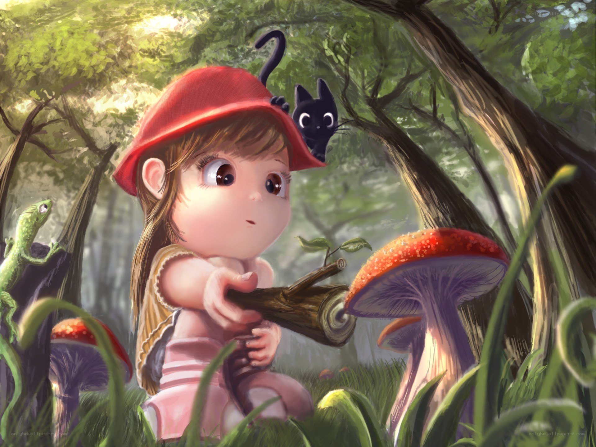 child in forest with mushrooms
