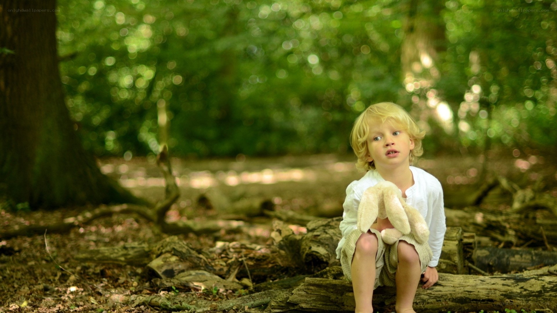 child in forest with toy
