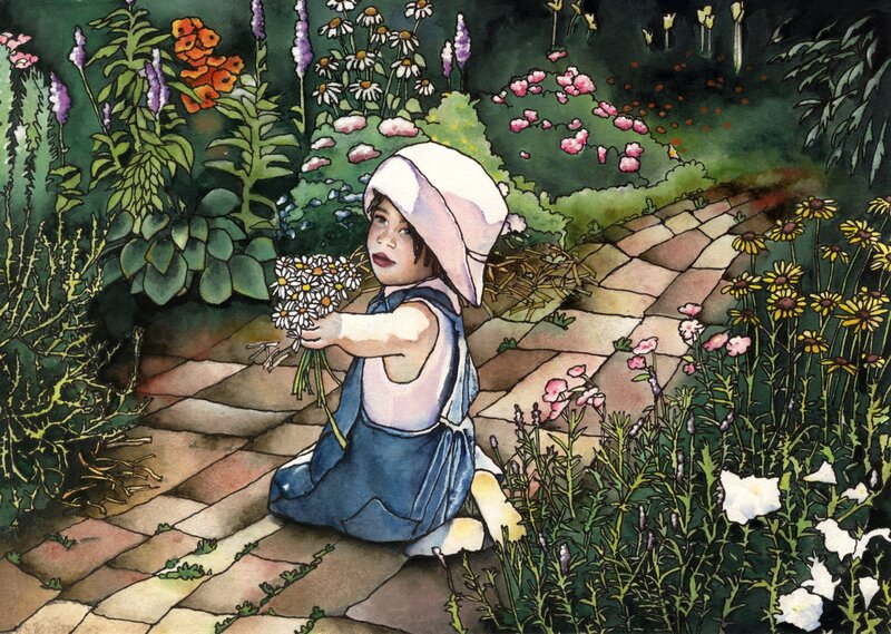 Child in garden with flowers