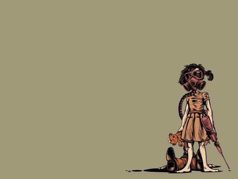 child in gas mask with teddy bear