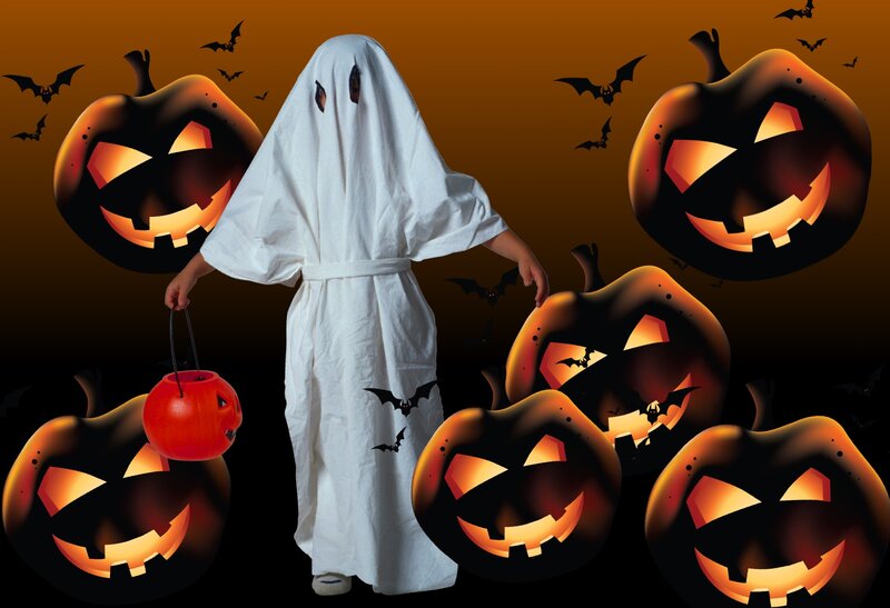 Child in Ghost Costume — Orange, Festive, Night, Digital Art