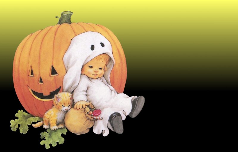 Child in Ghost Costume — Orange, Festive, Night, Illustration