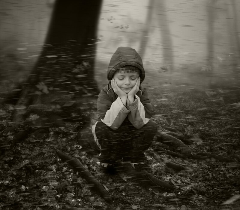 Child in Hooded Jacket — Black, Somber