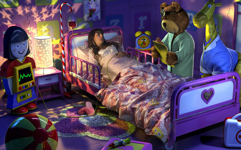 Child in hospital bed with toy doctors