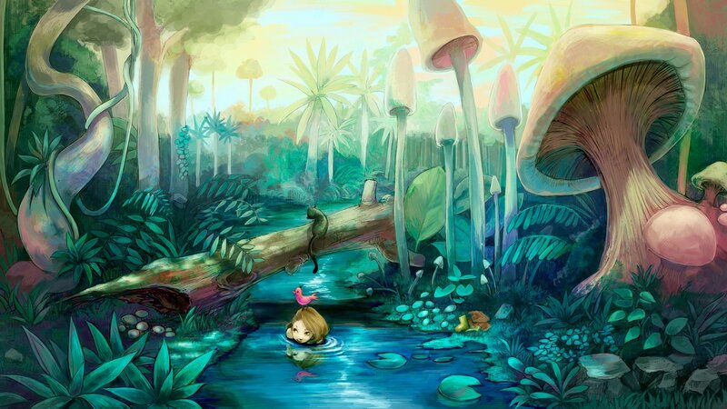 child in magical forest stream