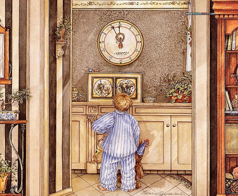 child in pajamas looking at clock