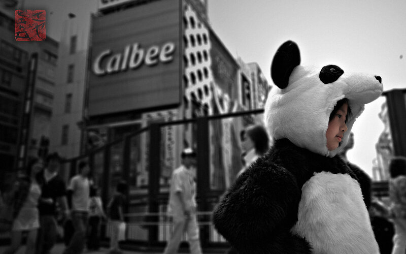 Child in panda costume on street