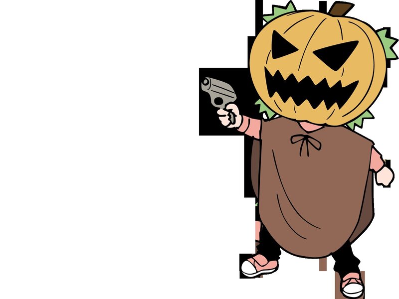 child in pumpkin costume with toy gun
