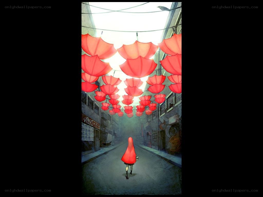 child in red cloak walking street