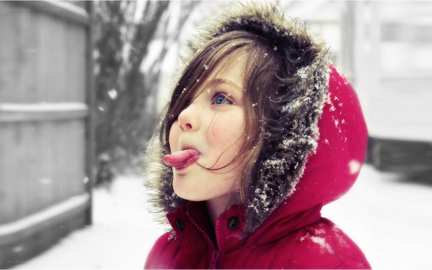 child in red coat catching snow