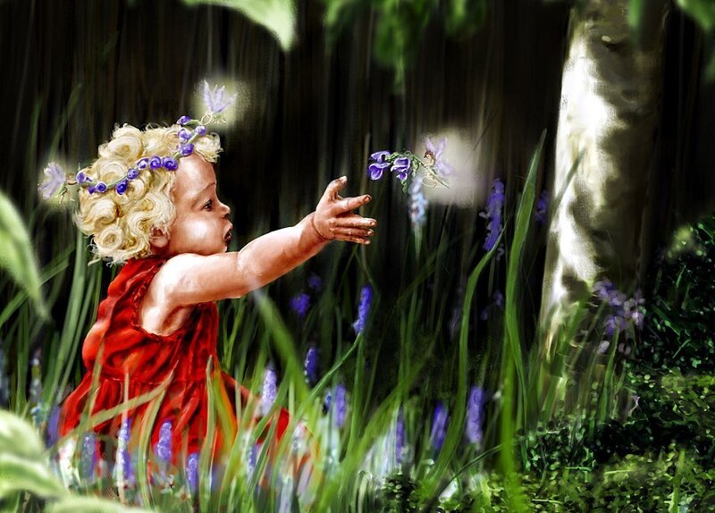 child in red dress reaching for flowers