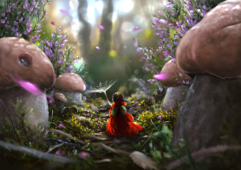 Child in Red Dress — Serene, Morning, Digital Art