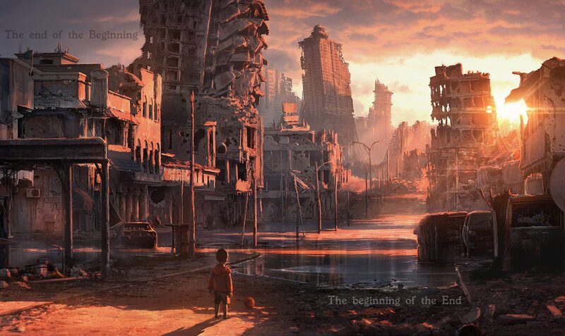 Child in Ruined City — Orange, Dramatic, Sunrise