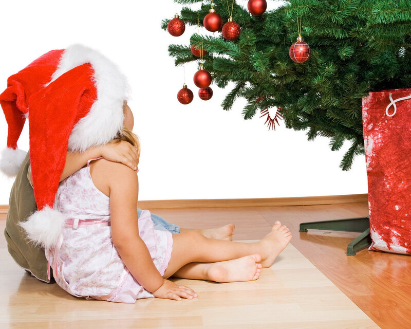 Child in Santa Hat — Red, Festive, Winter, Photograph, Christmas Tree