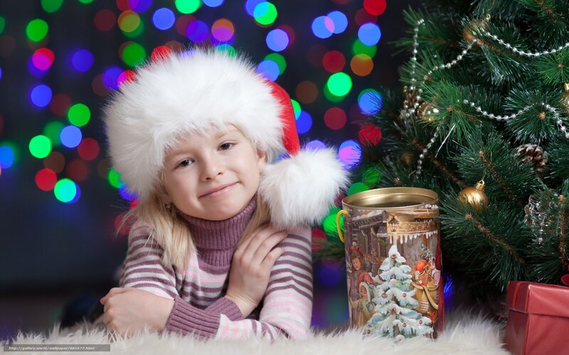 Child in Santa Hat — White, Festive, Winter, Photograph, Christmas Tree, Gift Box