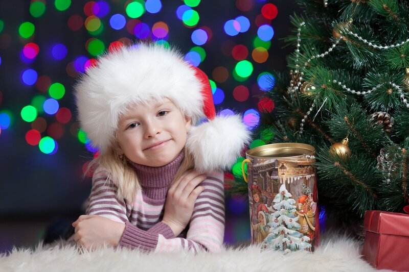 Child in Santa Hat — White, Festive, Winter, Photograph