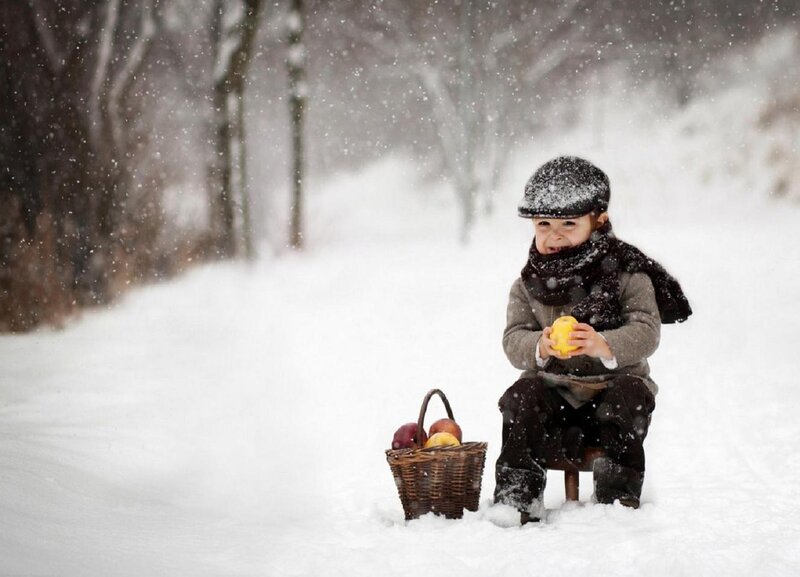 Child in Snow with Basket