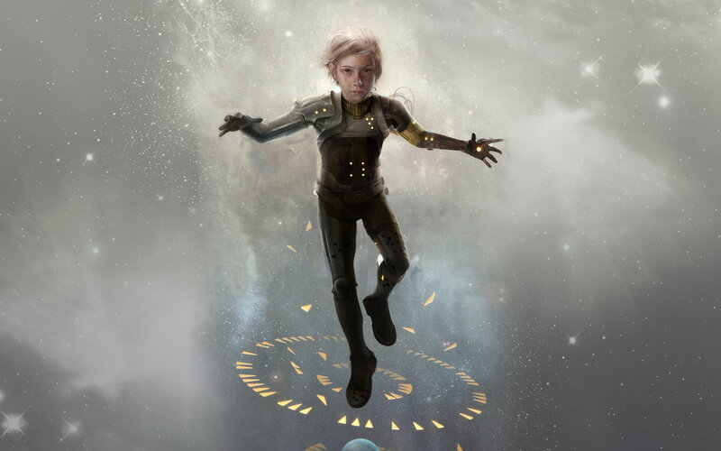 child in space suit floating