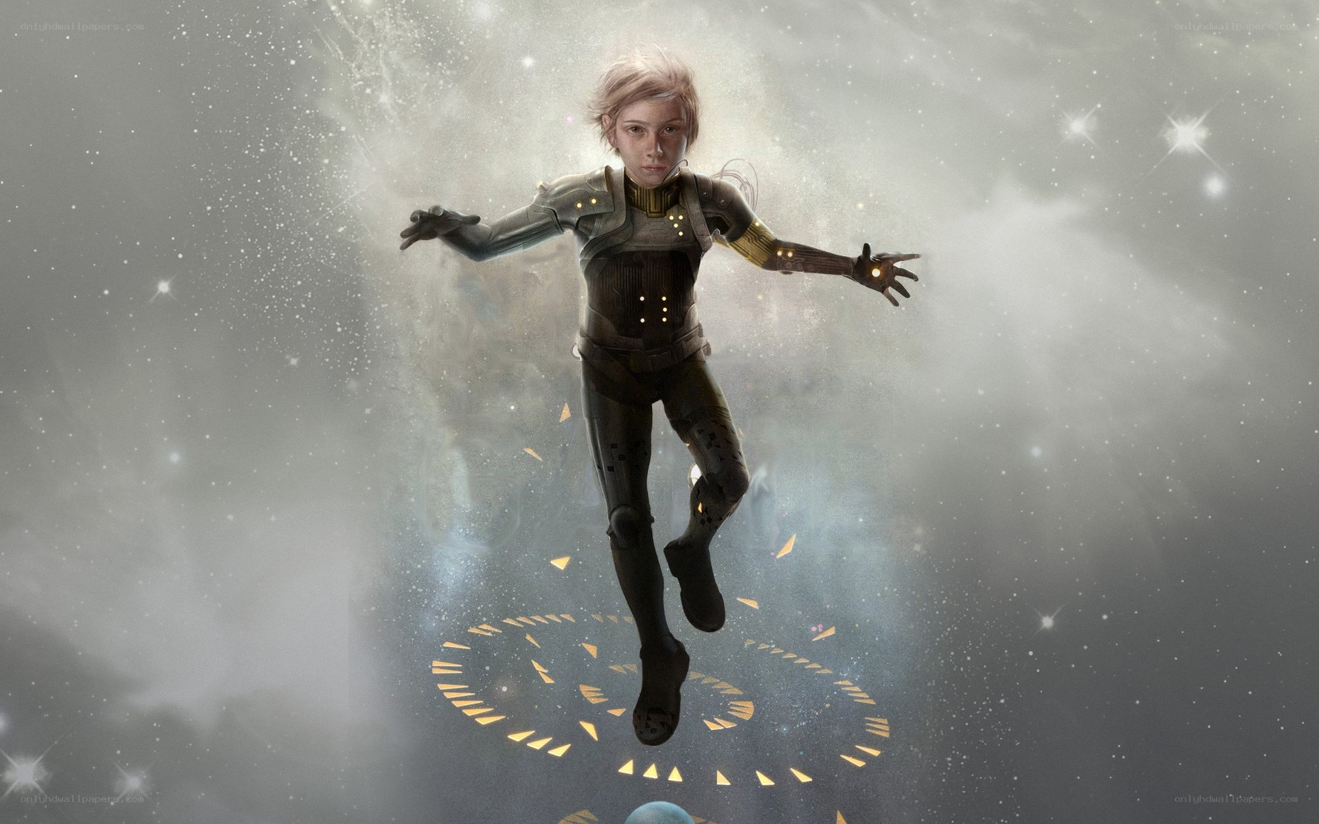 child in space suit floating
